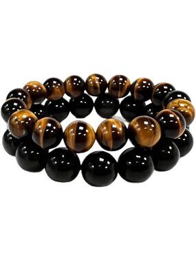 Natural Obsidian & Tiger's Eye Bracelet - 8/10/12/13mm Healing Gemstone Jewelry
